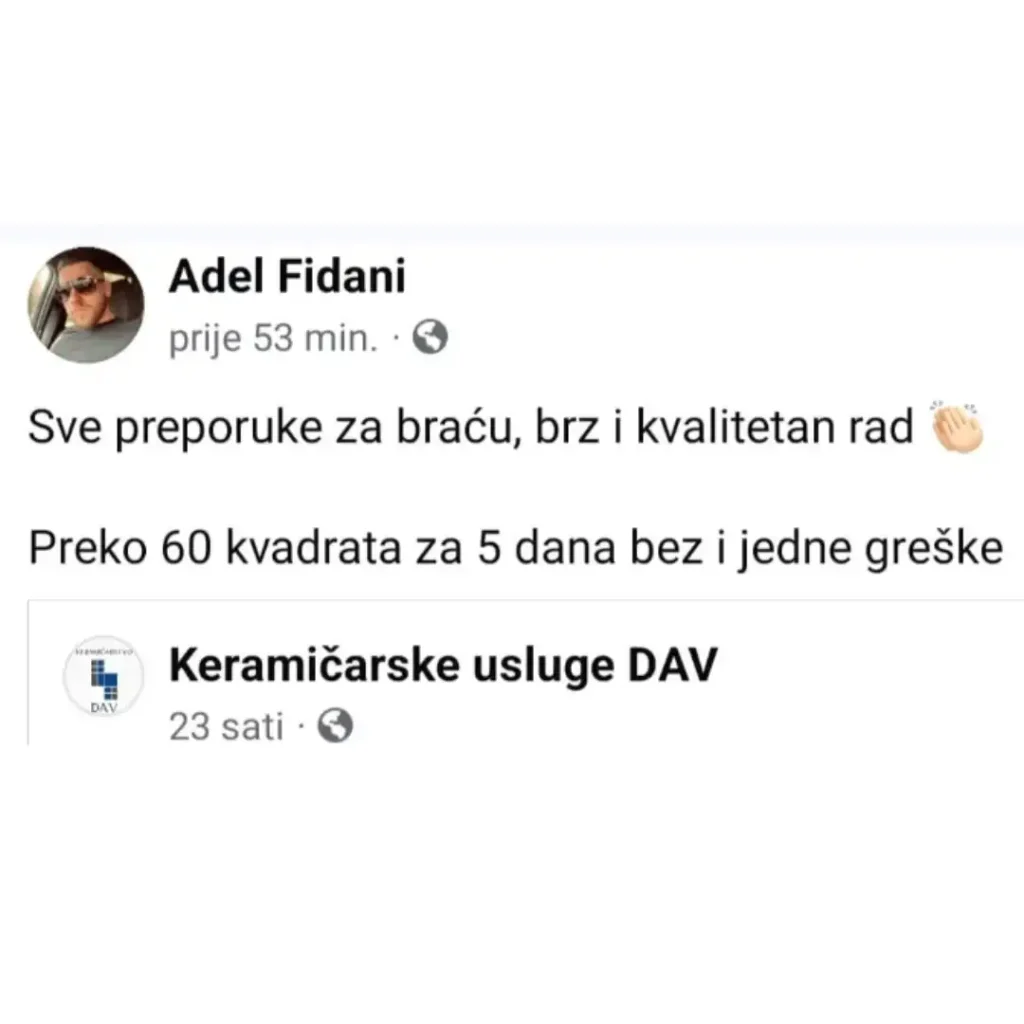 Recenzija zadovoljnog klijenta- Keramičar Srebrenik