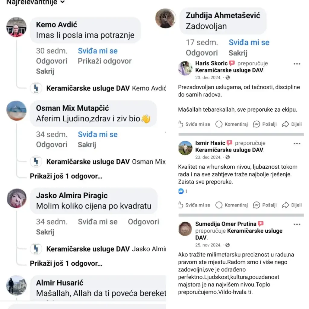 Komentari osam zadovoljnih osoba slikane direktno iz facebook komentara sa pravih profila - Keramičar Srebrenik