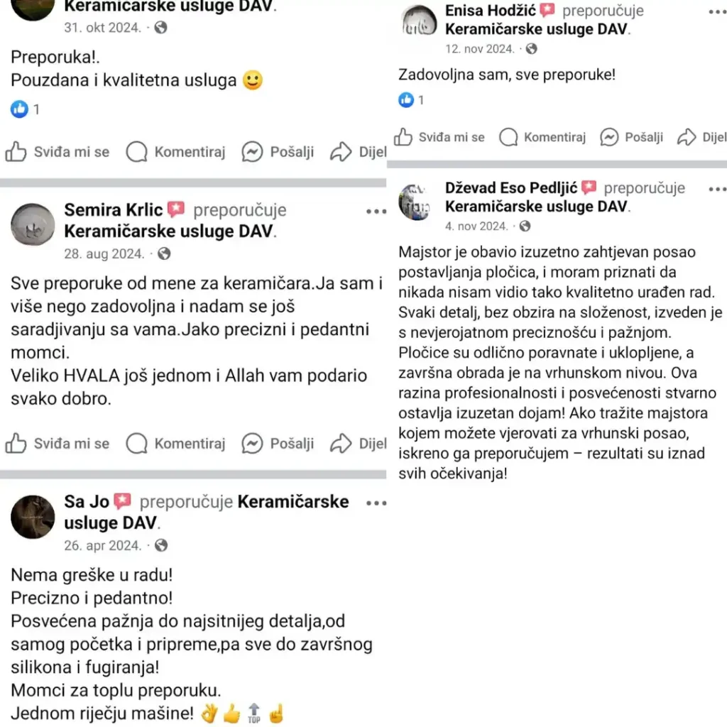 Pozitivni komentari od četiri klijenta koji su oduševljeni našim radovima - Keramičarske usluge DAV